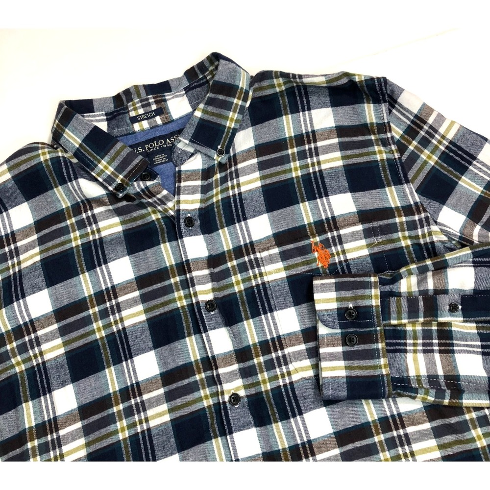 US POLO ASSN Shirt Men's XL Plaid Blue Orange Pony‎ Button Down Long Sleeve